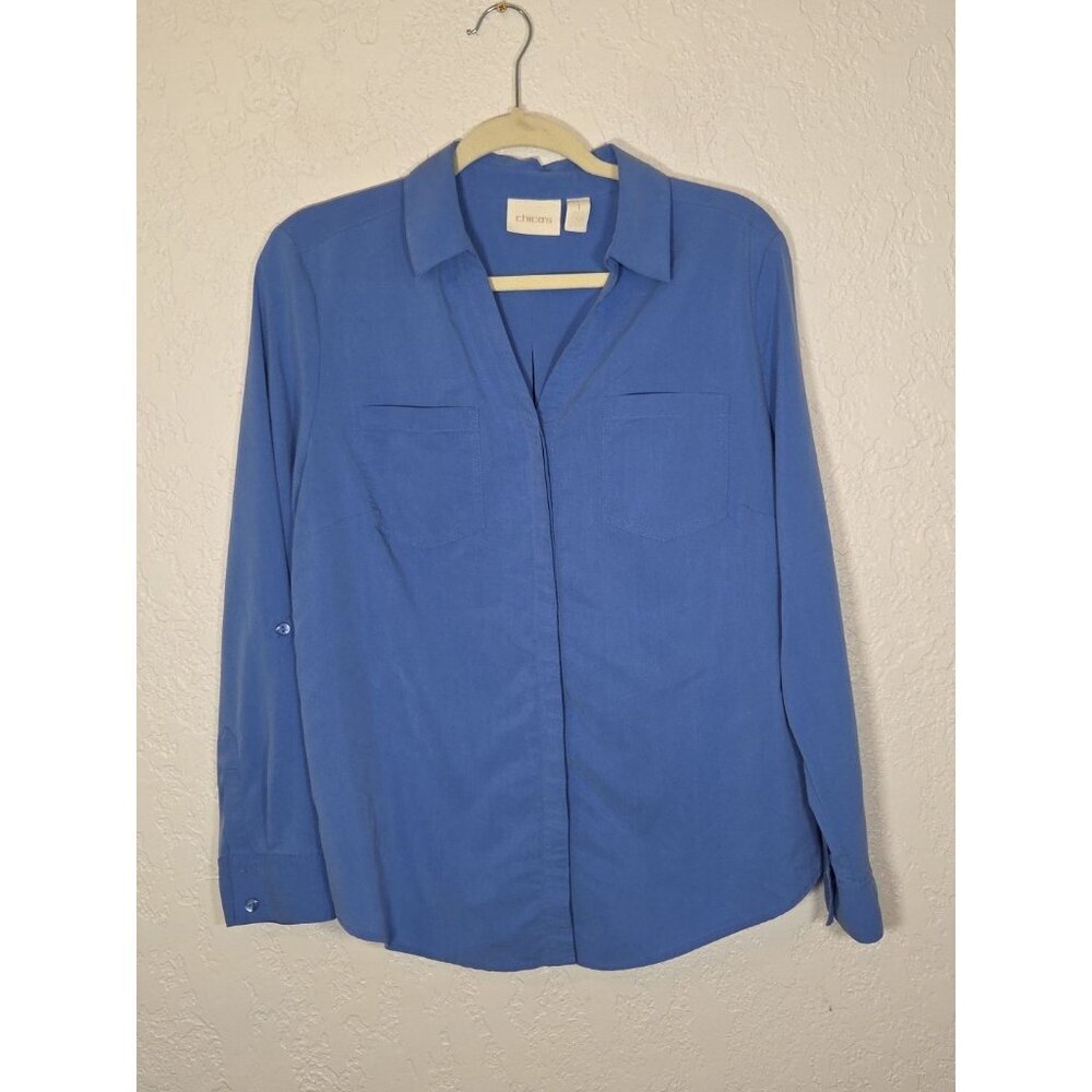 Chicos Hidden Button Collar Shirt Women Medium Blue Stretch